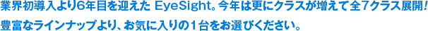 業界初導入より6年目を迎えた EyeSight。今年は更にクラスが増えて全7クラス展開！豊富なラインナップより、お気に入りの1台をお選びください。