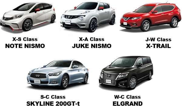 X-S Class NOTE NISMO,X-A Class JUKE NISMO,J-W Class X-TRAIL,S-C Class SKYLINE 200GT-t,W-C Class ELGRAN