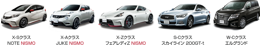 
X-Sクラス NOTE NISMO、X-Aクラス JUKE NISMO、X-Zクラス フェアレディZ NISMO、S-Cクラス スカイライン 200GT-t、W-Cクラス エルグランド